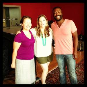 Julie (middle) with colleagues Rebekah and Chaz, in KUT's famed Studio 1A after an on-air interview with Eklektikos' host John Aielli.